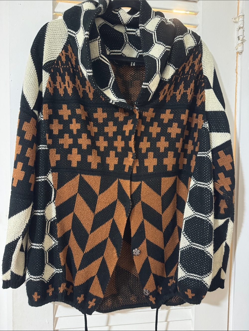 Knit Cardigan in Black, Cream & Brown